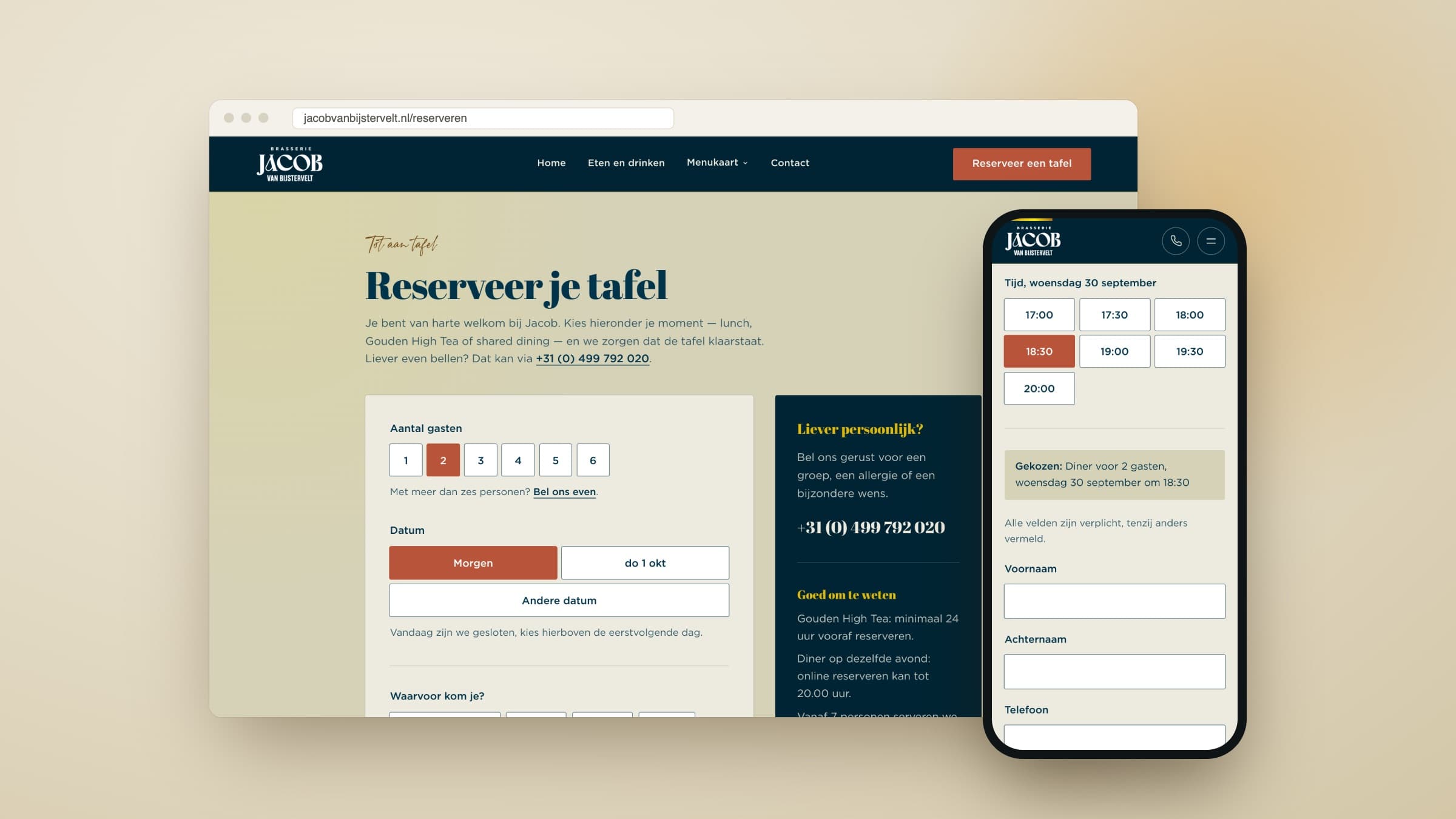 Eigen reserveerflow op de Guestplan API bij Brasserie Jacob van Bijstervelt, op desktop en mobiel