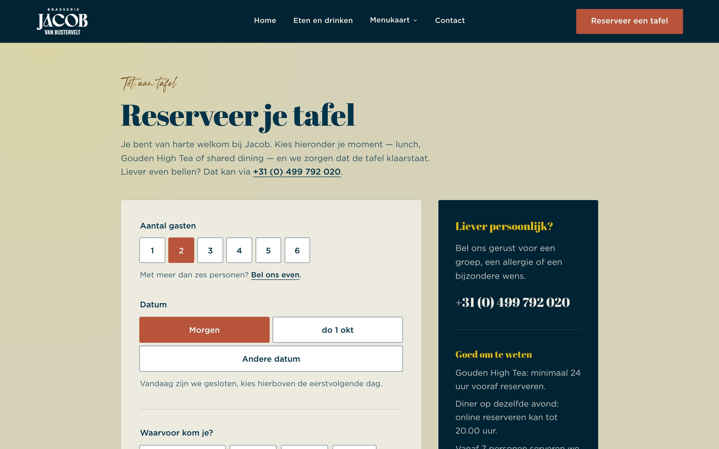 Reserveerpagina van Brasserie Jacob van Bijstervelt, desktop