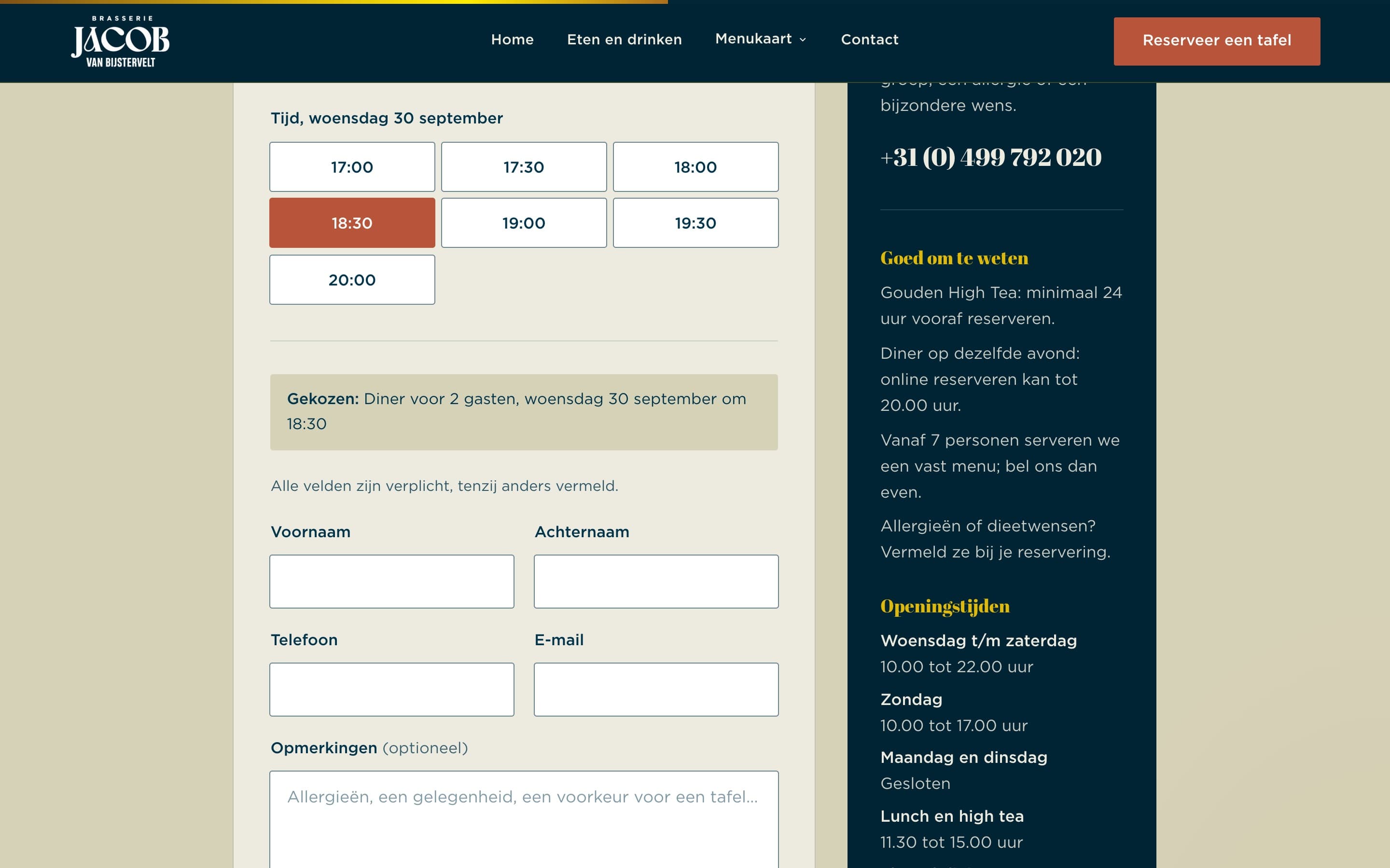 Gekozen diner om 18:30 met samenvatting, op desktop