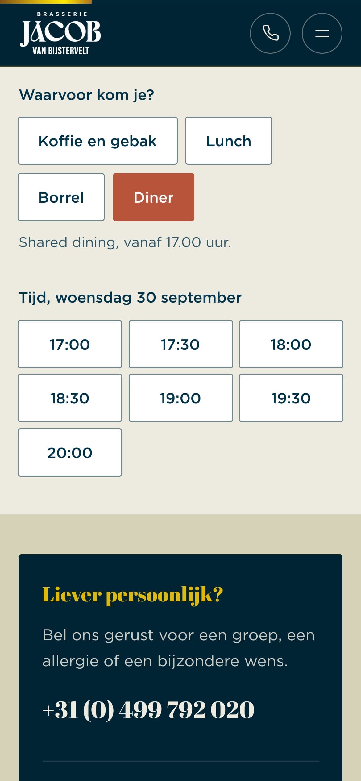 Stap 2: kiezen tussen koffie, lunch, borrel of diner