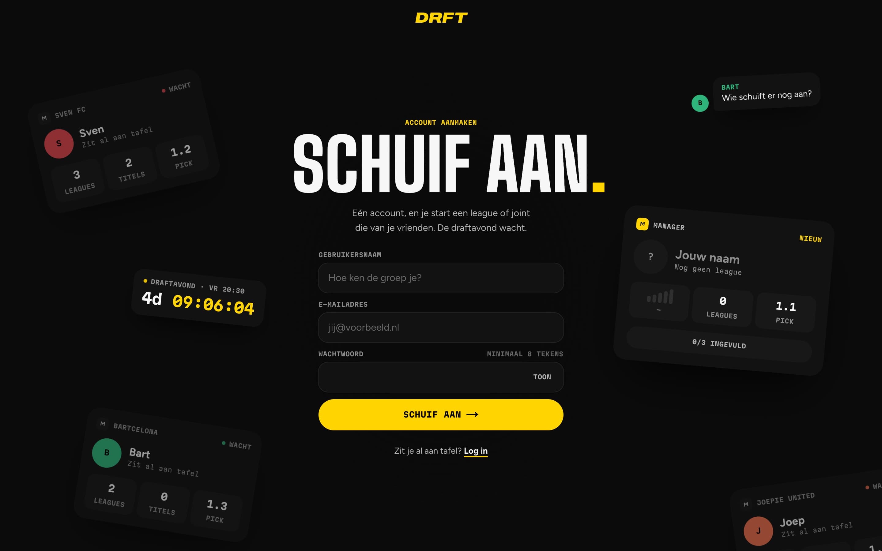 Aanmeldpagina van DRFT met zwevende spelerskaarten