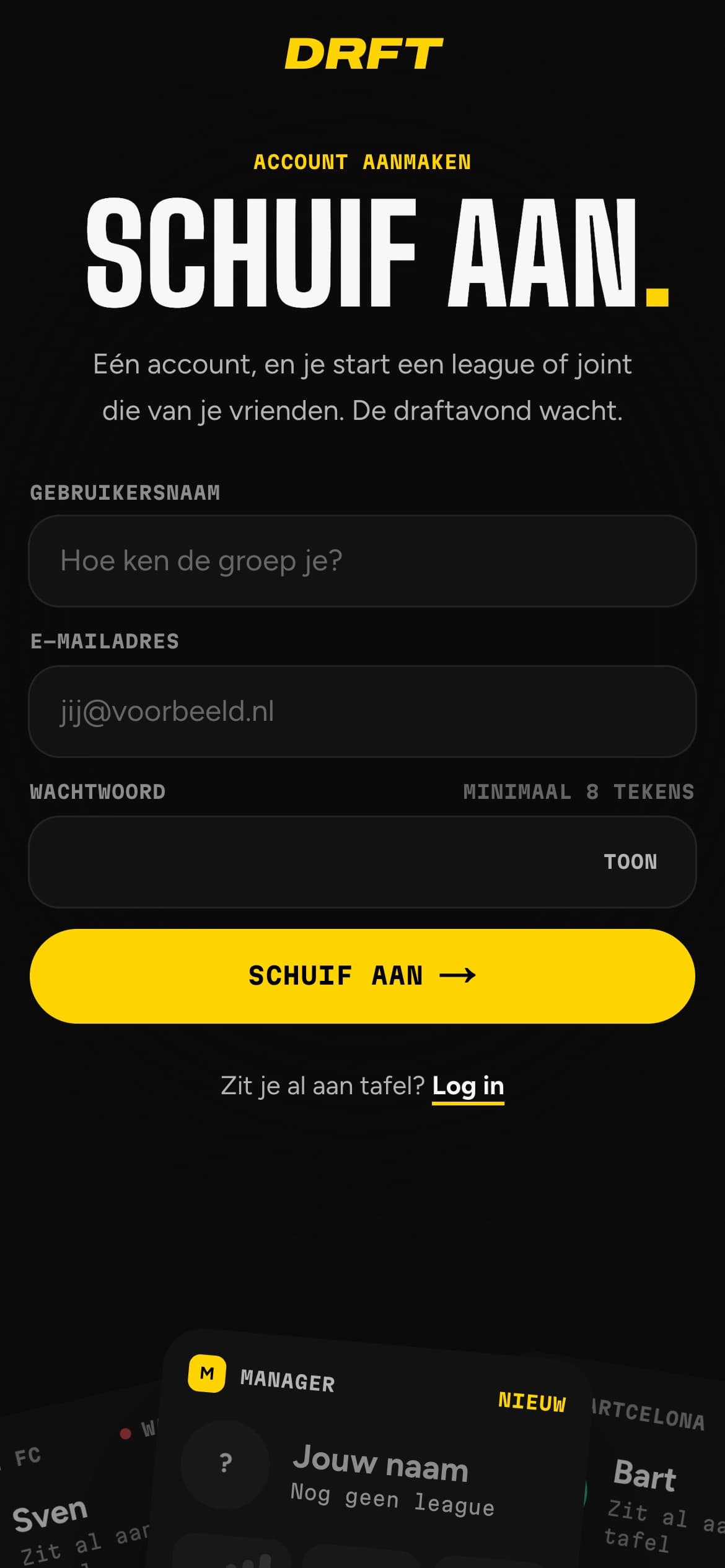 Aanmeldpagina van DRFT op mobiel